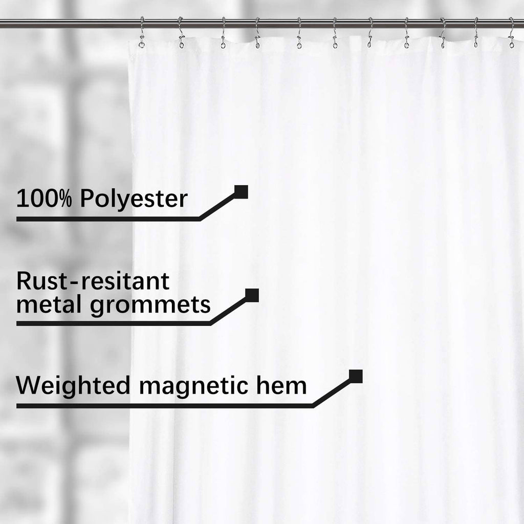 White shower curtain liner with rust-resistant metal grommets and weighted magnetic hem