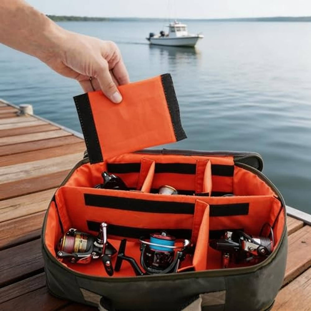 Olive green and dark gray fishing reel case open with orange interior compartments