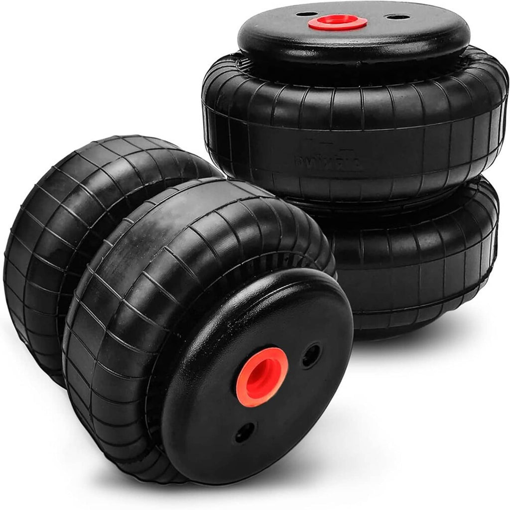 Set of 2 black air suspension bags with red valve ports, one front and one rear