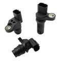 Engine camshaft position sensor set with black plastic housing and metal mounting loop