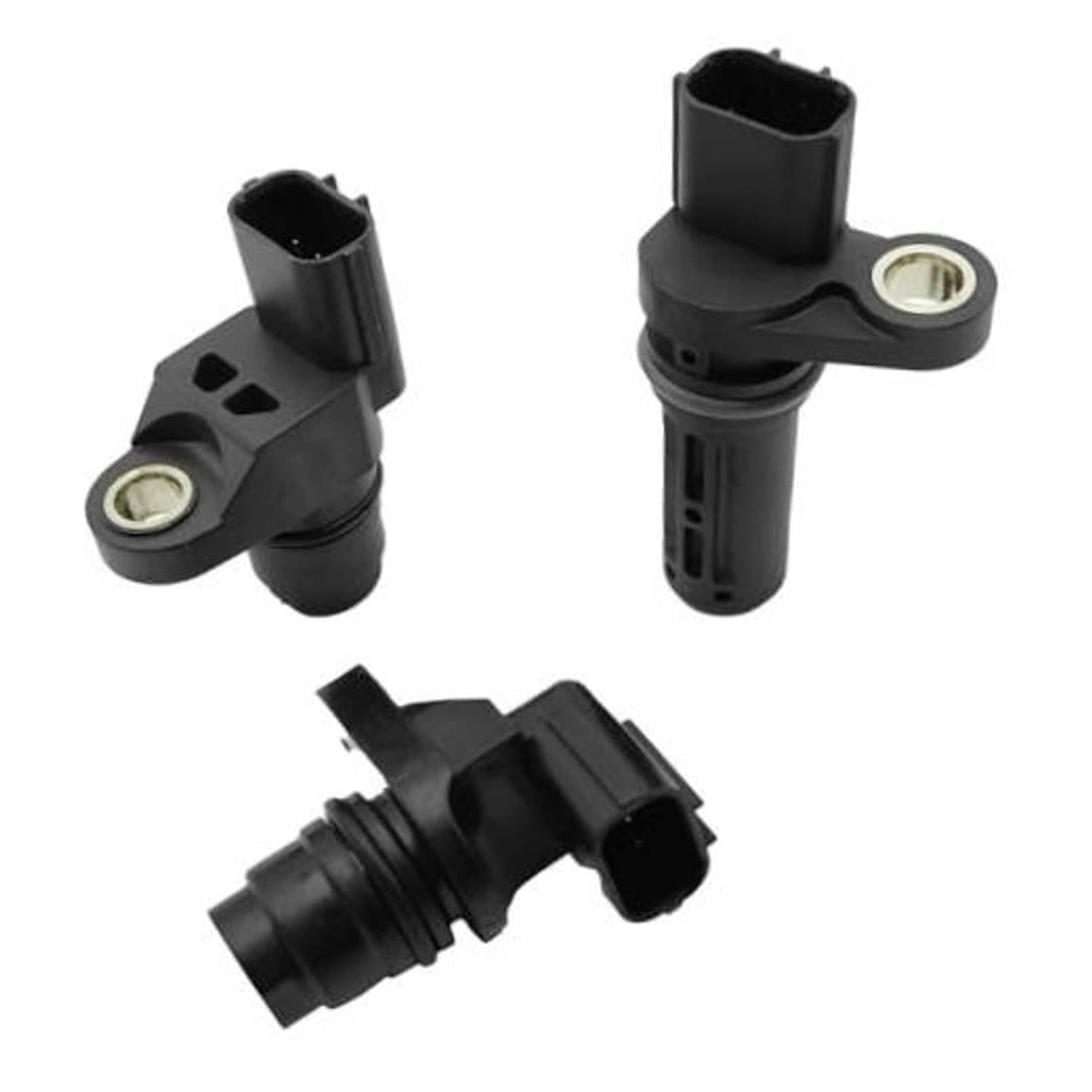Engine camshaft position sensor set with black plastic housing and metal mounting loop