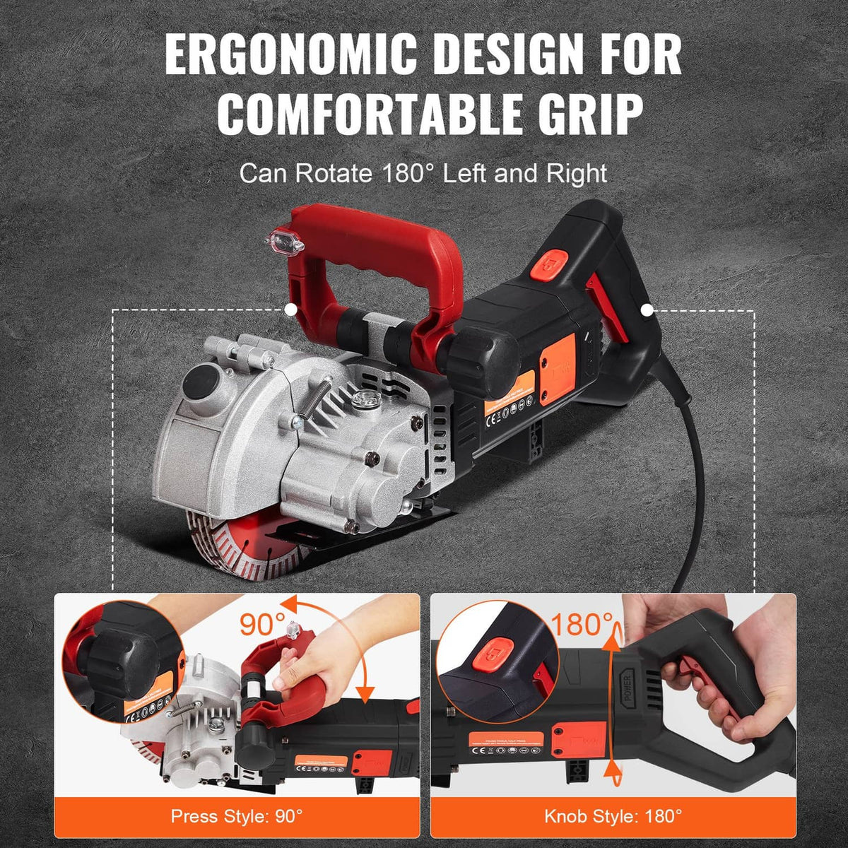 Ergonomic wall slotting machine with red handle, black housing, silver circular cutting disc