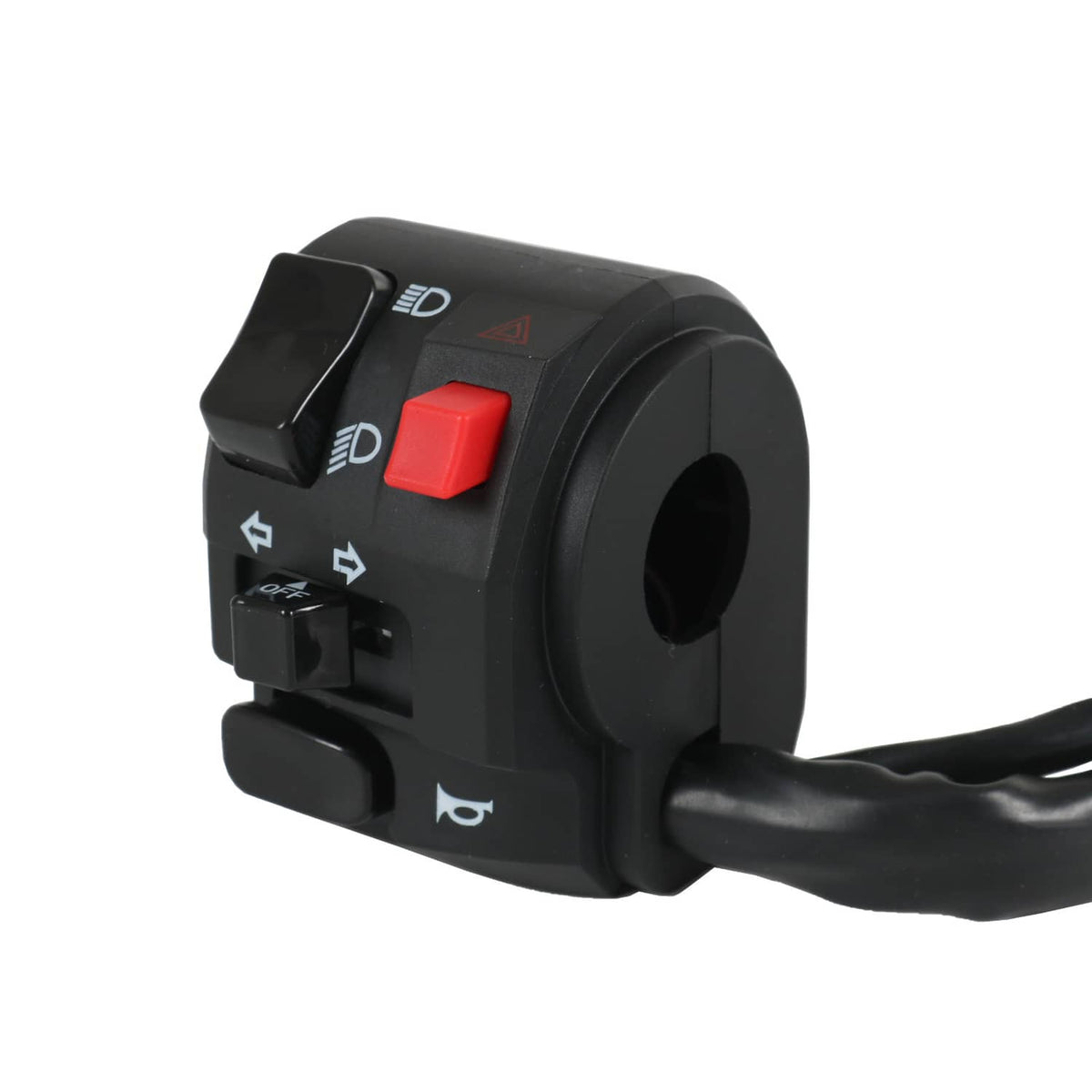 Motorcycle handlebar switch module with red rocker button and control icon buttons
