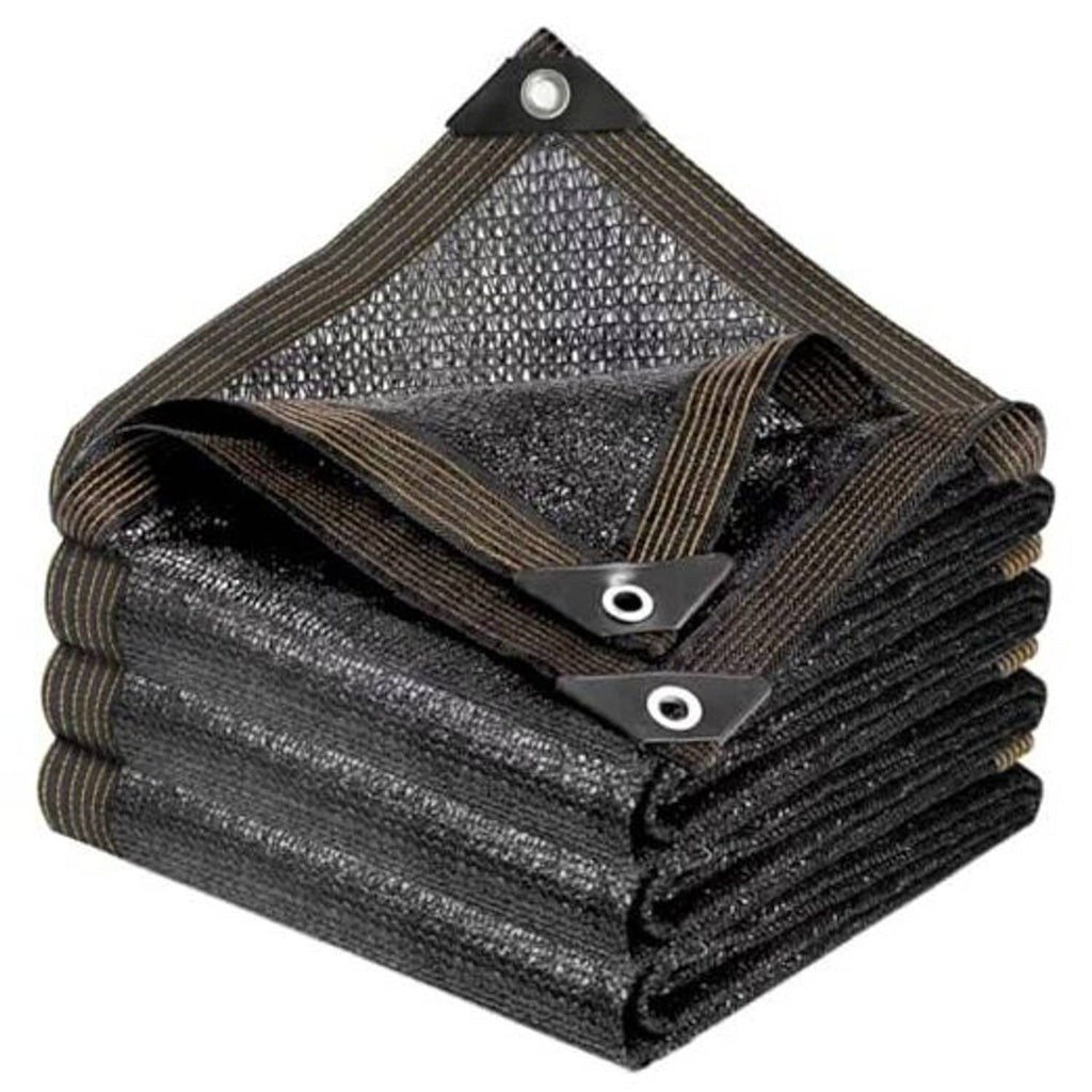 Dark gray mesh shade cloth tarp, folded with reinforced edges and metal grommets