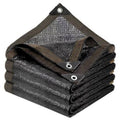 Dark gray mesh shade cloth tarp, folded with reinforced edges and metal grommets
