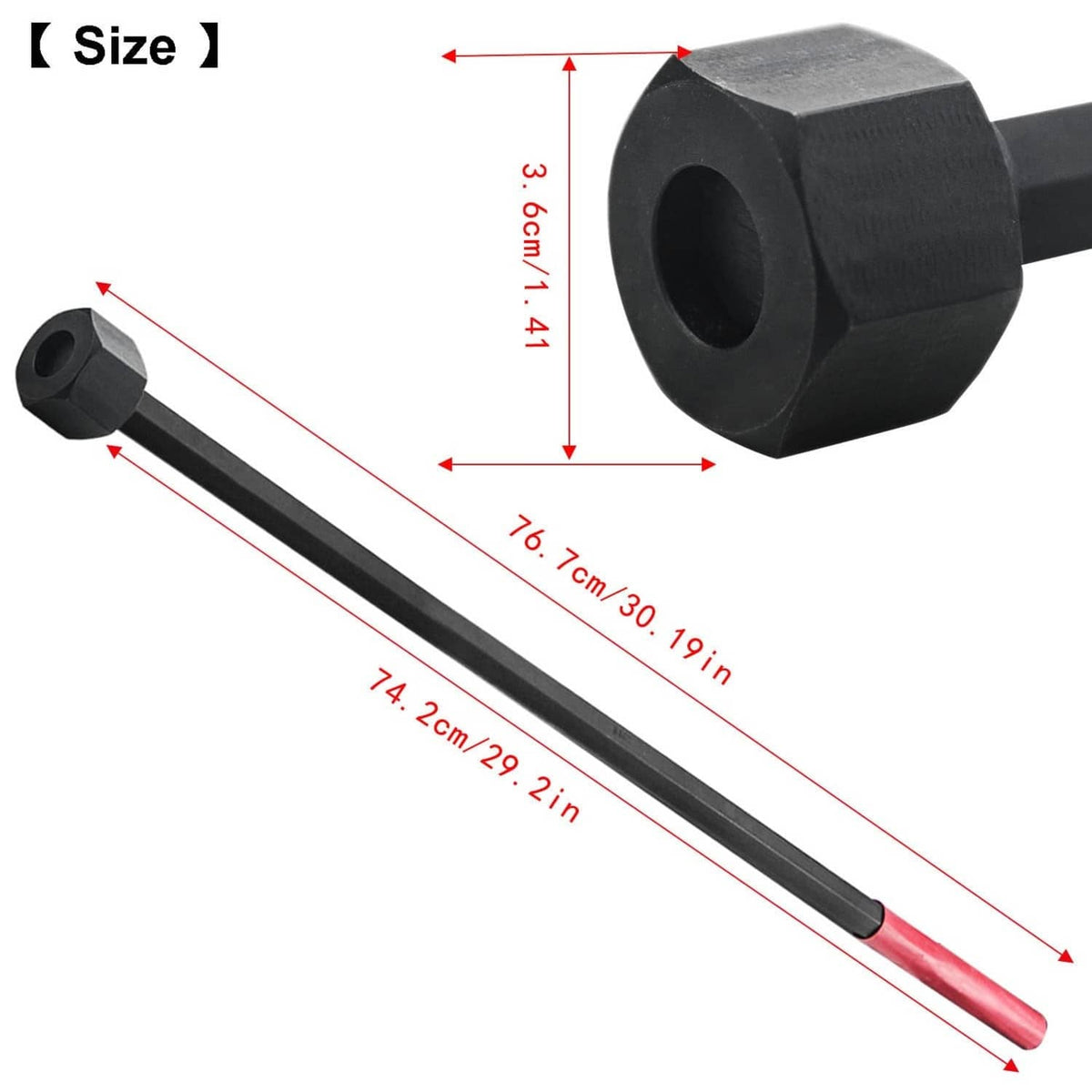 Long black steel wrench with large circular socket head and red grip handle