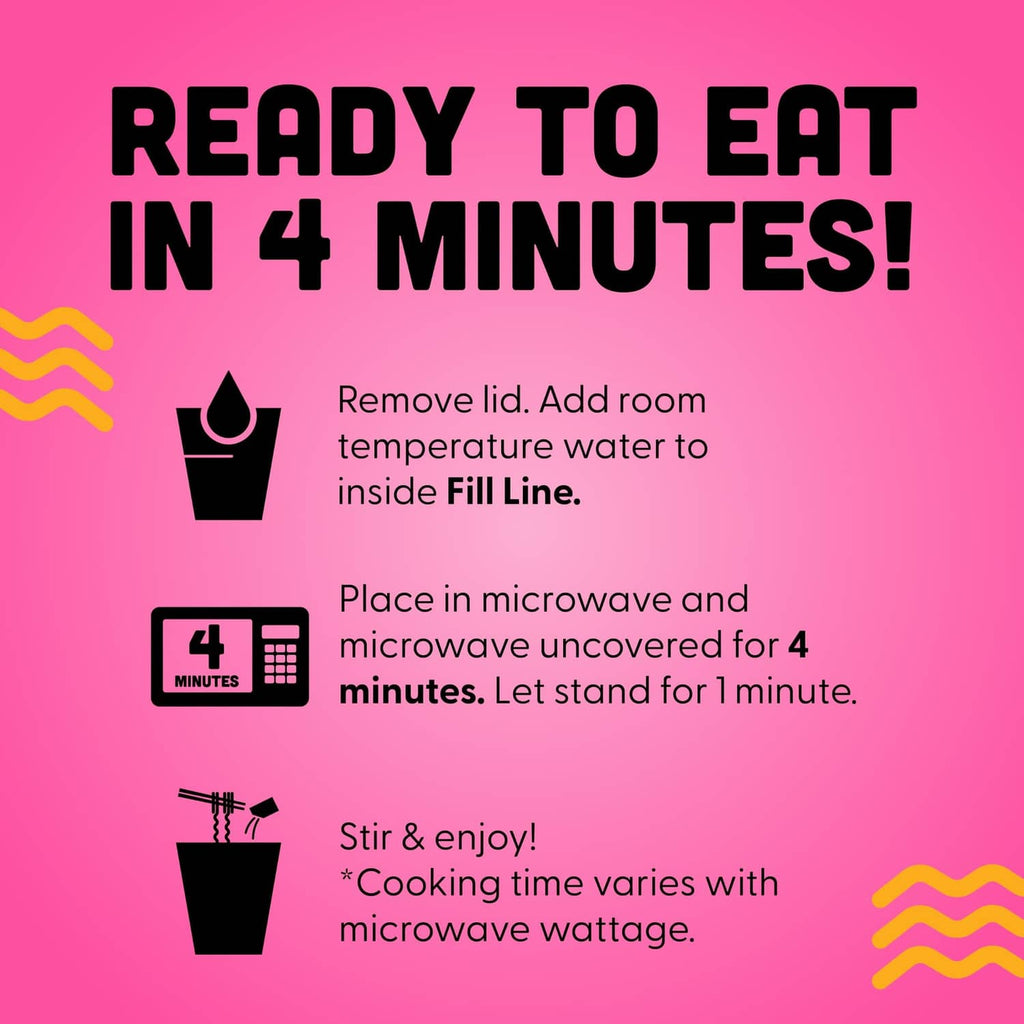 Cup noodles Stir Fry cup with step-by-step microwave cooking instructions panel