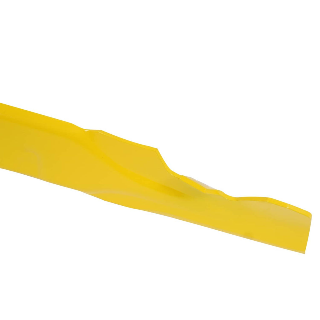 Yellow mulching blade edge with mounting flange and cutout