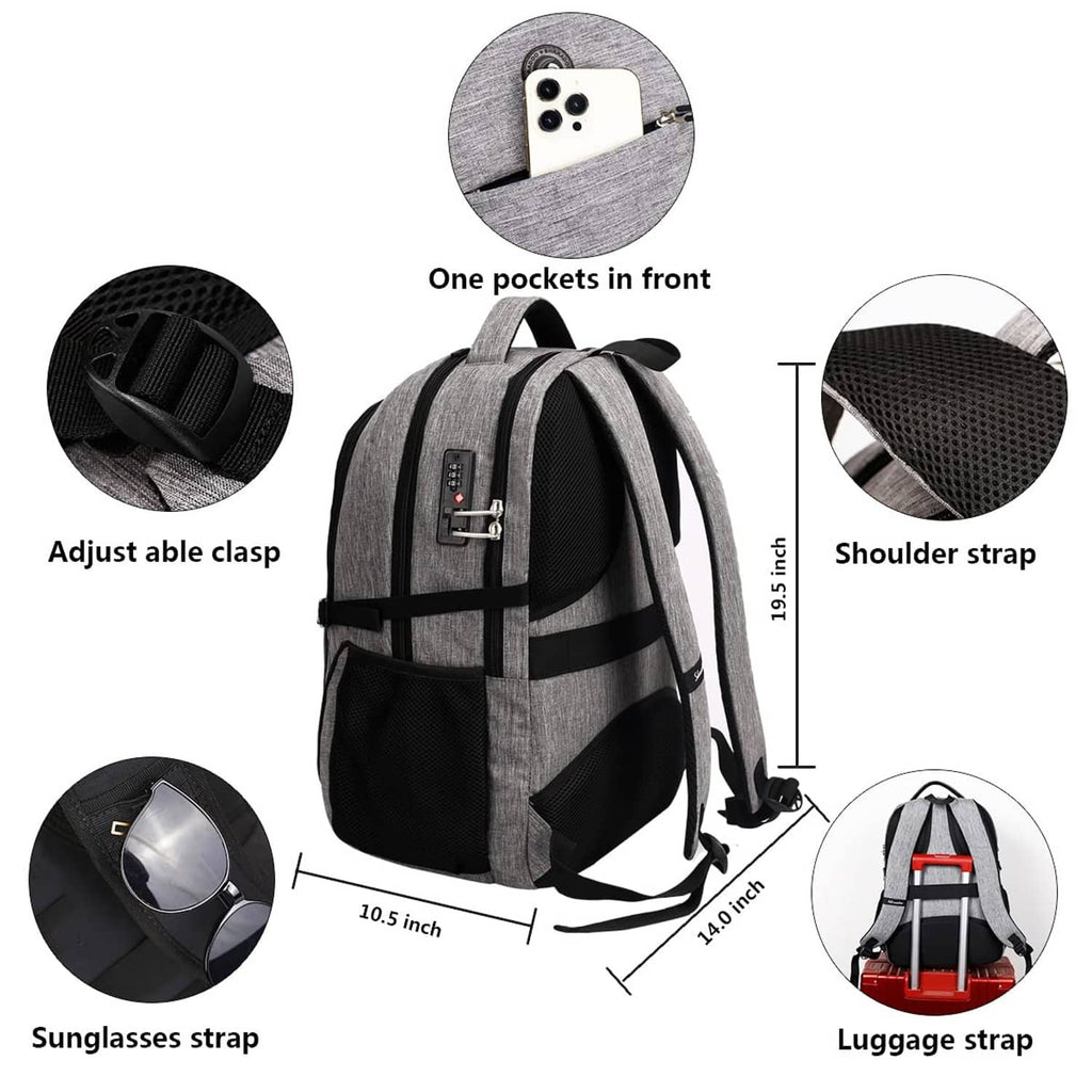 Gray backpack with adjustable shoulder straps, front zip pocket, and luggage strap loop.