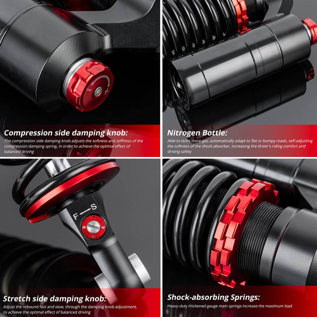 Front air shock absorber close-up showing red compression knobs and black nitrogen bottle