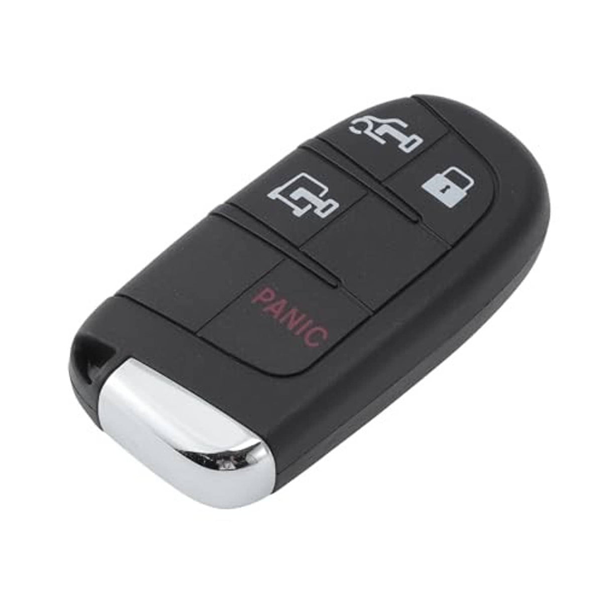 Black keyless remote fob with four buttons, lock/unlock icons, and panic button
