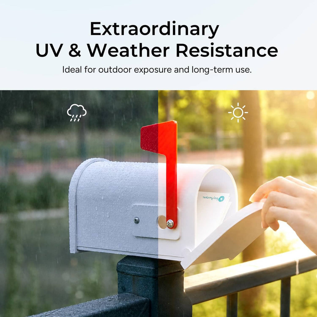 White 3D-printed outdoor mailbox accessory with blue filament label visible