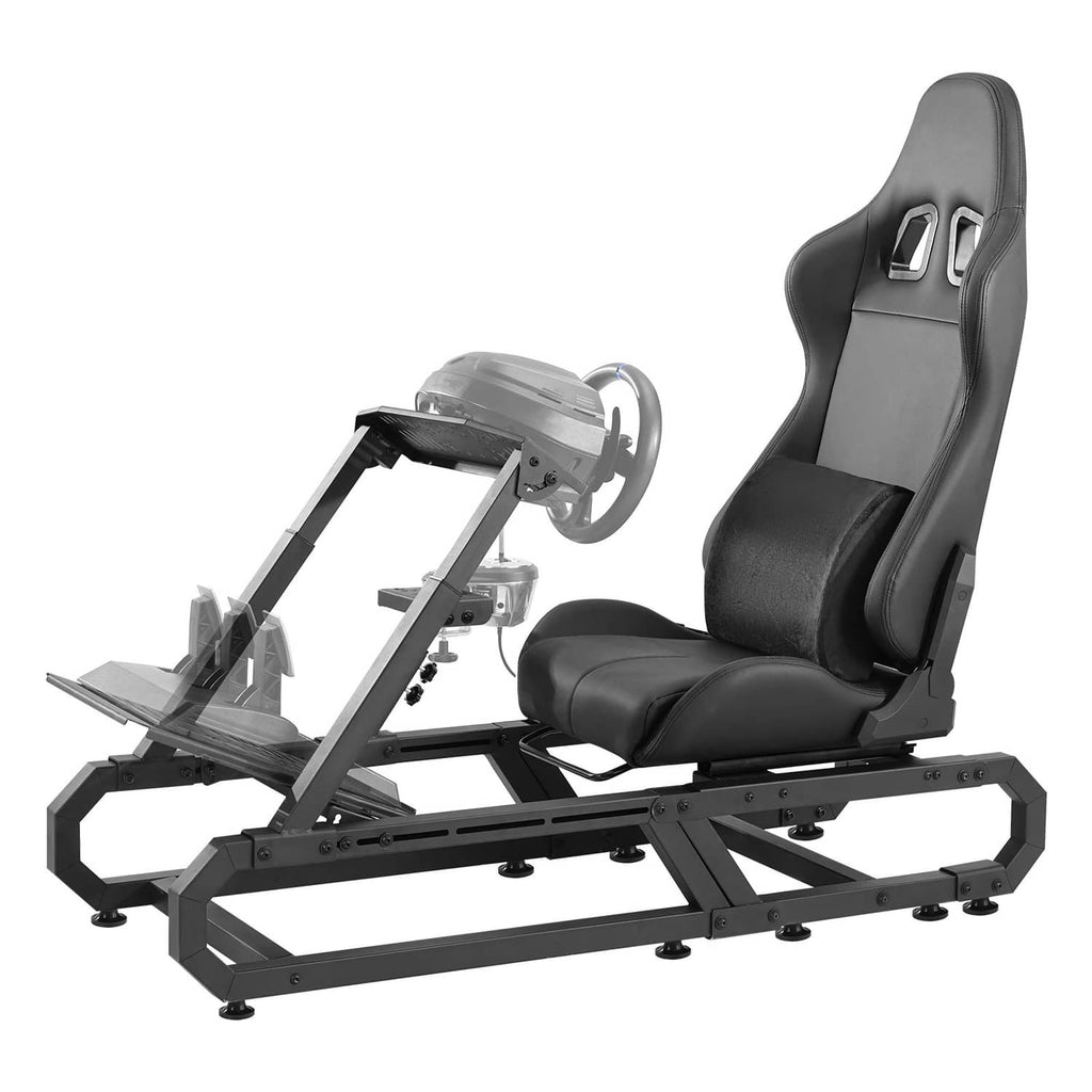 Racing simulator steering wheel stand with padded black seat and wheel mounting arm
