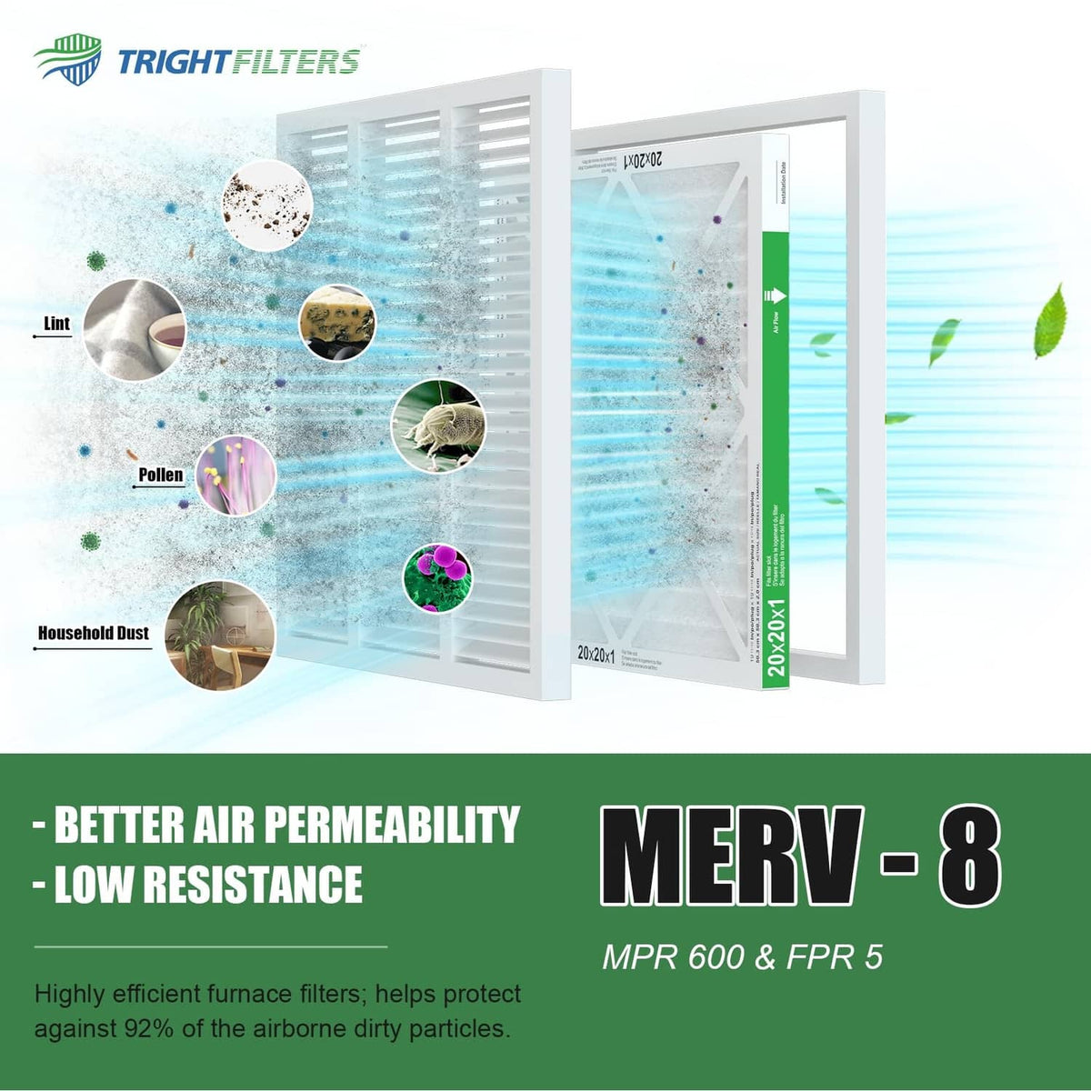 MERV 8 air filter infographic with pleated panel graphics for better airflow