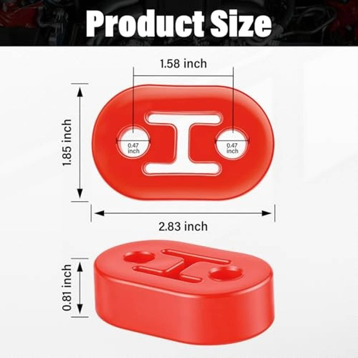 Red rubber exhaust hanger insulator, oval block with embossed logo and mounting holes