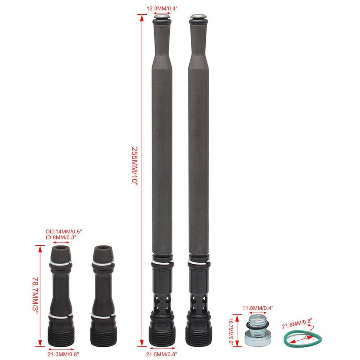 Oil stand pipe kit with two long pipes, dummy plugs, O-rings, and small threaded cap