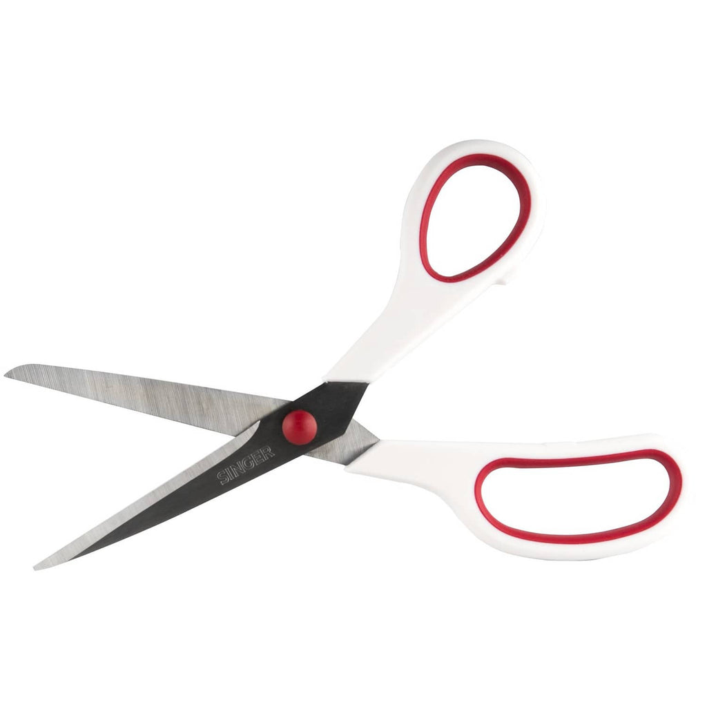Singer fabric scissors with red-and-white handles and two stainless steel cutting blades