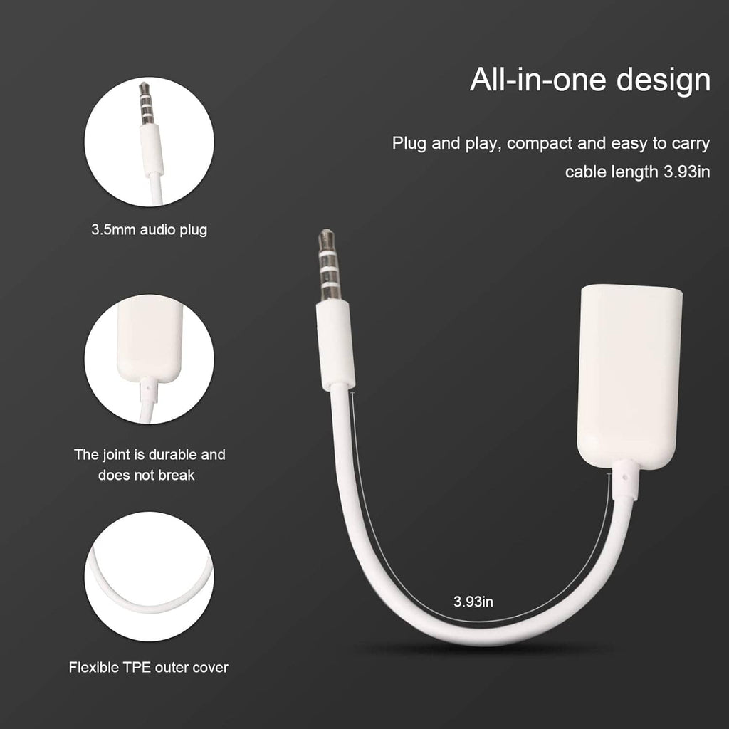 White AUX to USB adapter cable with 3.5mm male plug and USB 2.0 female port