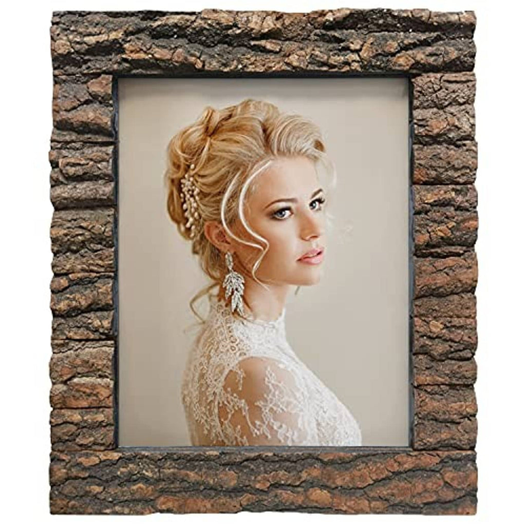 Rustic bark wood picture frame with dark faux-stone border and portrait insert