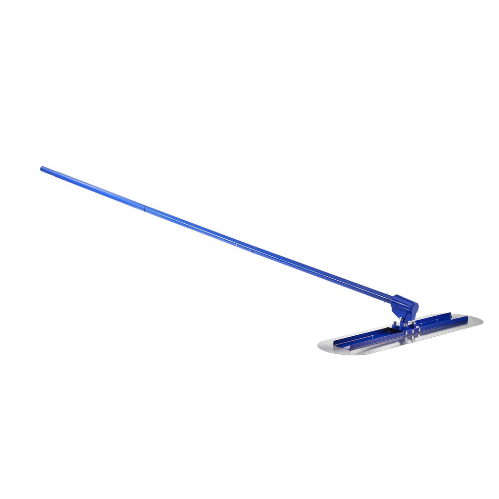 Concrete bull float with blue handle and rounded metal float head