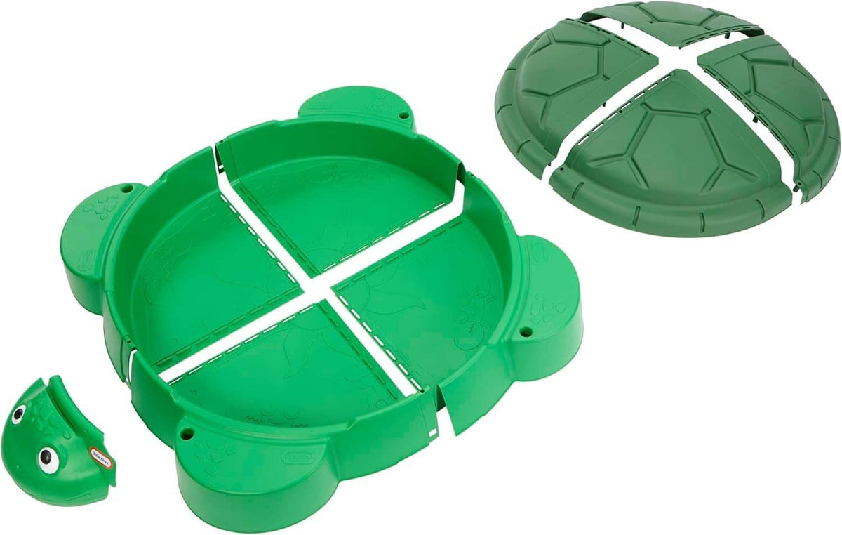 Green turtle sandbox base with hinged lid, shown open and folded over