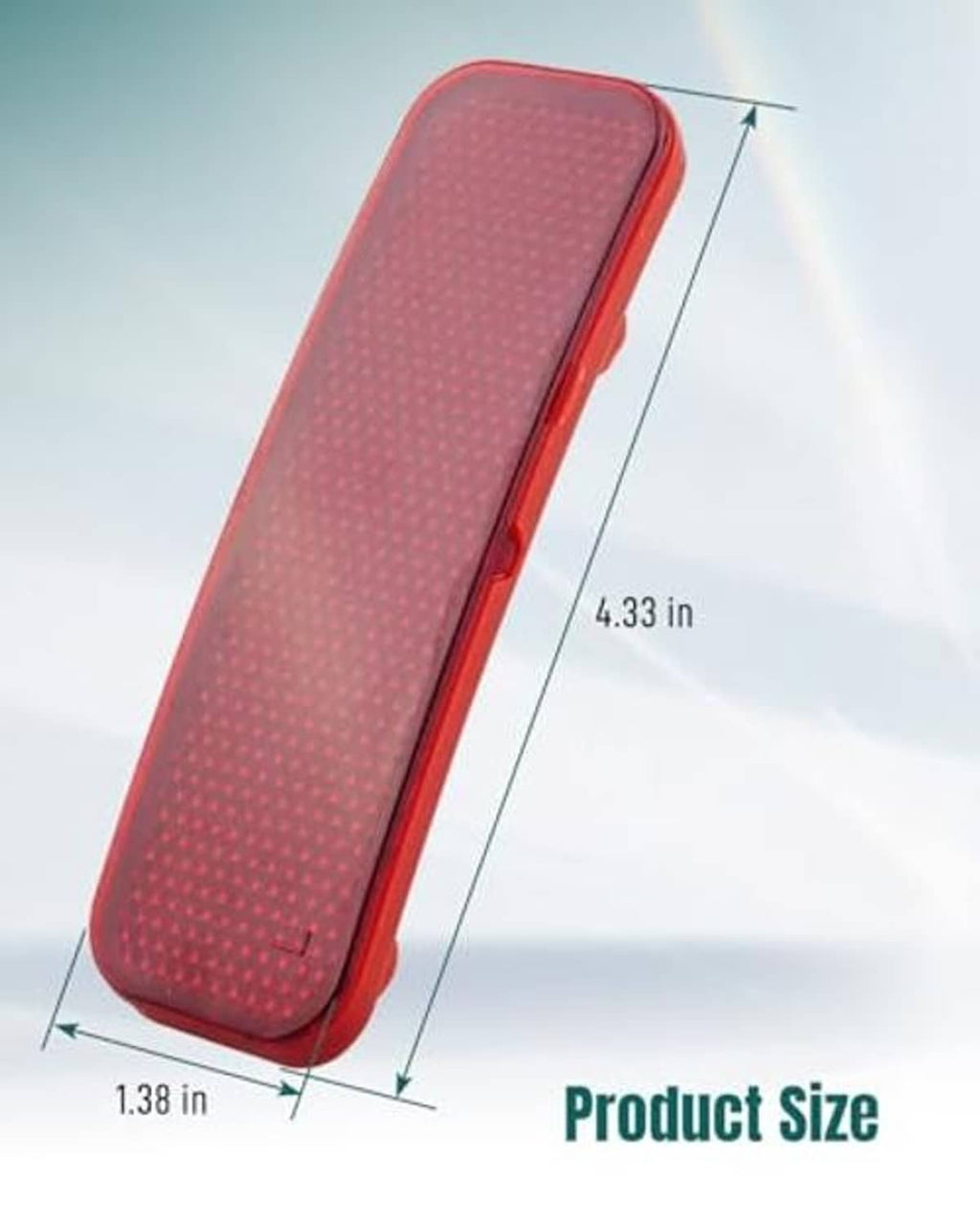 Red rear bumper reflector tail light with size measurements, curved rectangular lens