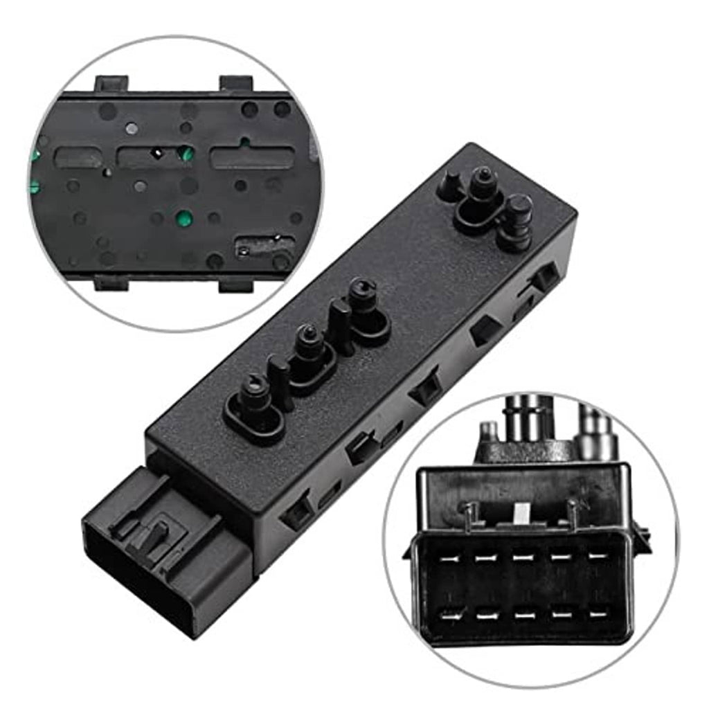 Power seat switch panel with rocker buttons and connector, black plastic with detail inset