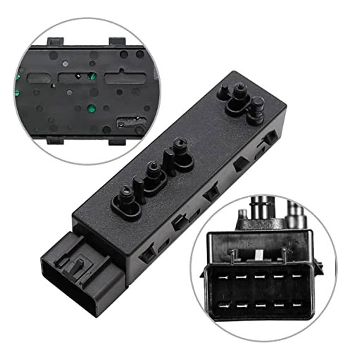 Power seat switch panel with rocker buttons and connector, black plastic with detail inset