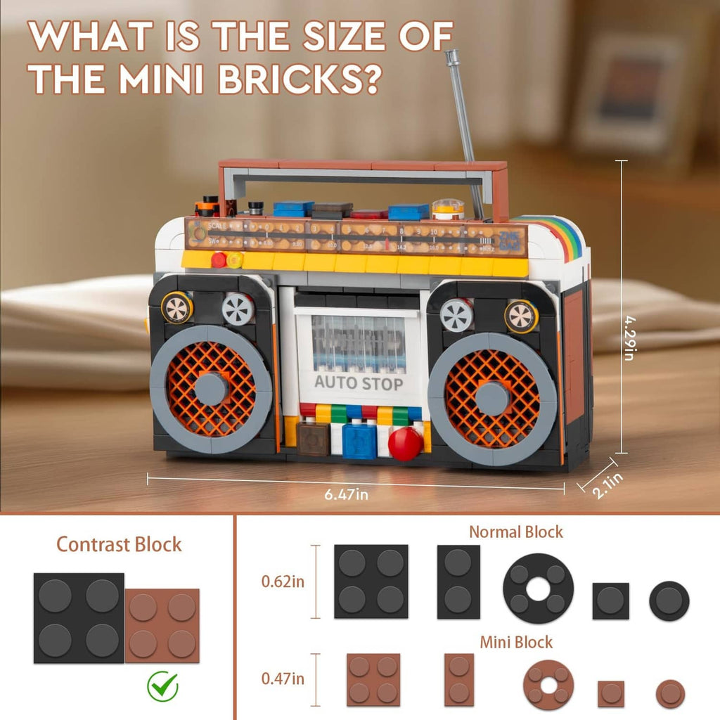 Retro radio building blocks with size comparison chart and close-up of mini brick pieces