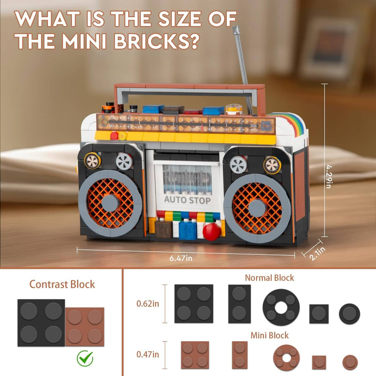 Retro radio building blocks with size comparison chart and close-up of mini brick pieces