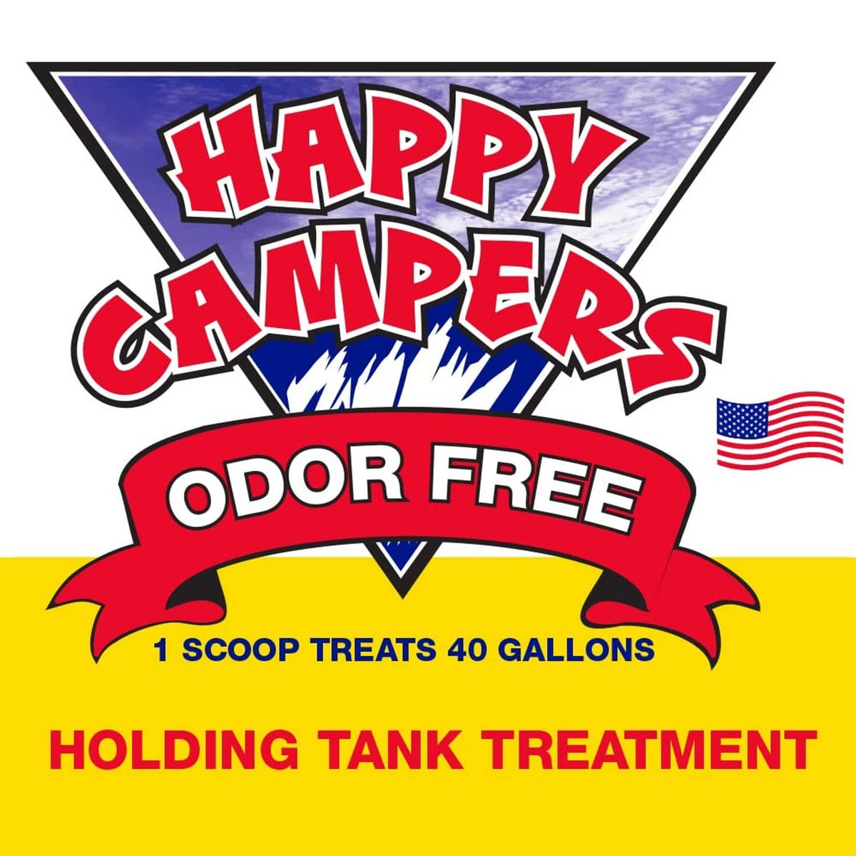 Close-up label: Happy Campers Odor Free holding tank treatment on white bucket