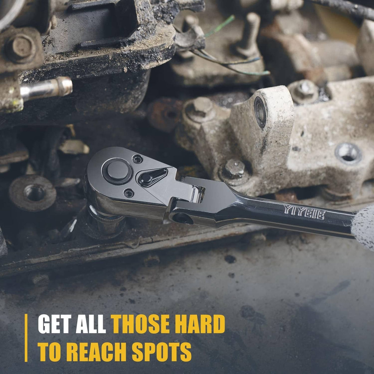 3/8 in flex-head ratchet wrench in use on engine components, chrome steel
