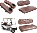 Brown vinyl golf cart seat covers set with quilted armrests and cup holders
