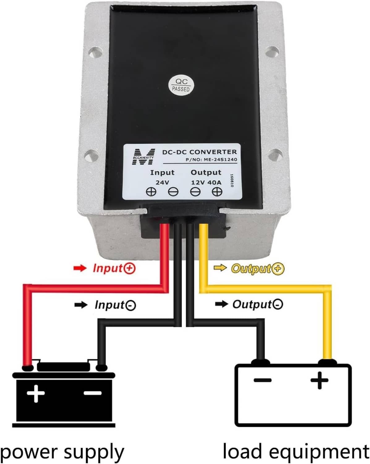 DC-DC converter module with input/output wiring diagram on front panel