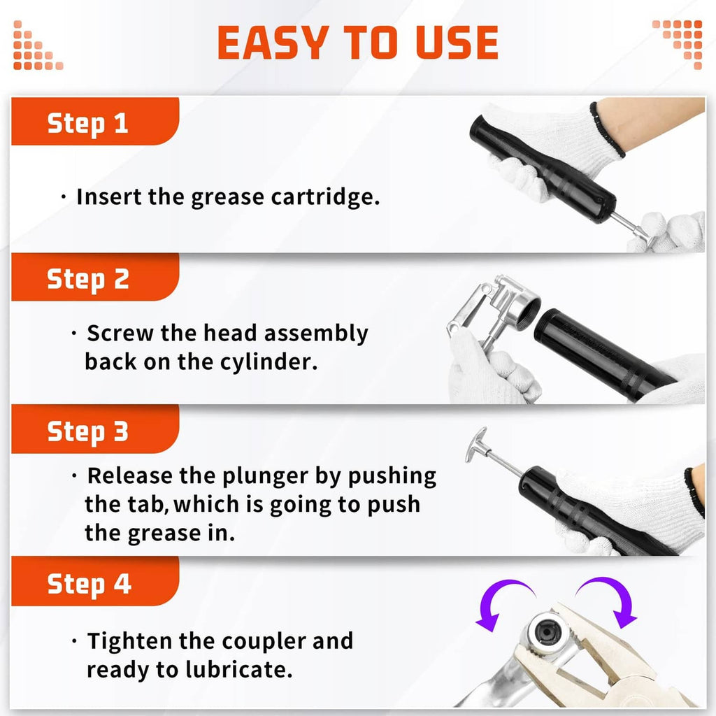 Grease gun loading and use shown with black barrel and plunger head