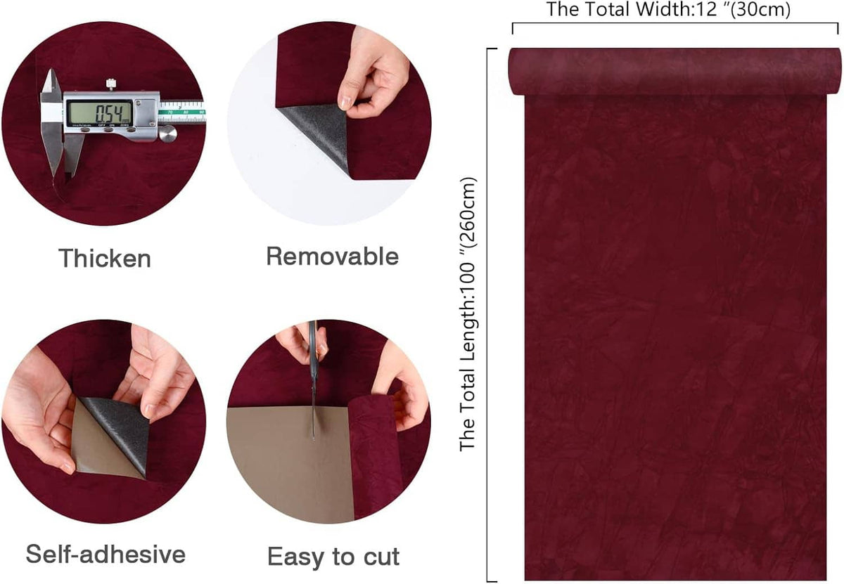 Dark red self-adhesive velvet liner sheet with size and thickness diagram