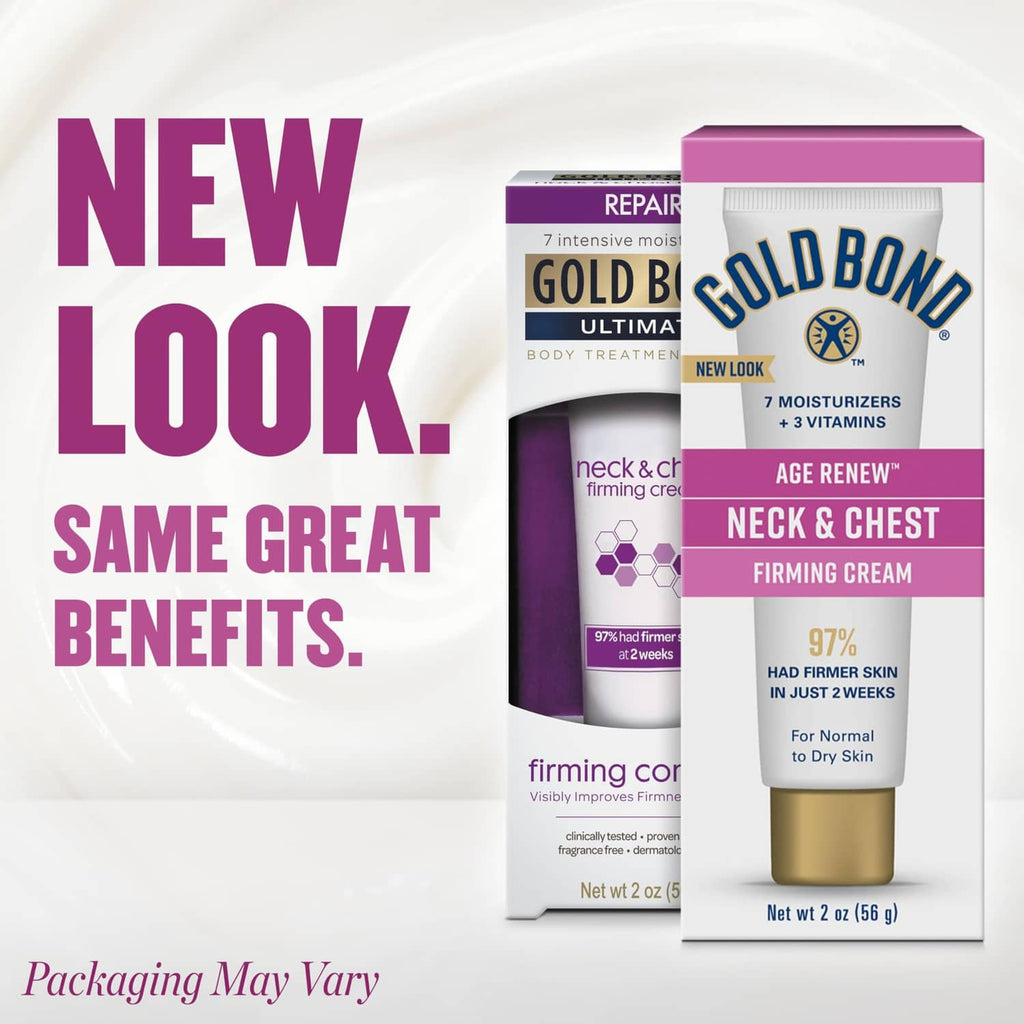 Gold Bond neck & chest firming cream tube with matching box packaging