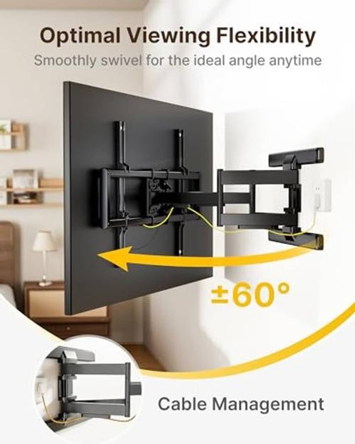 Full-motion TV wall mount with smooth swivel motion and built-in cable management