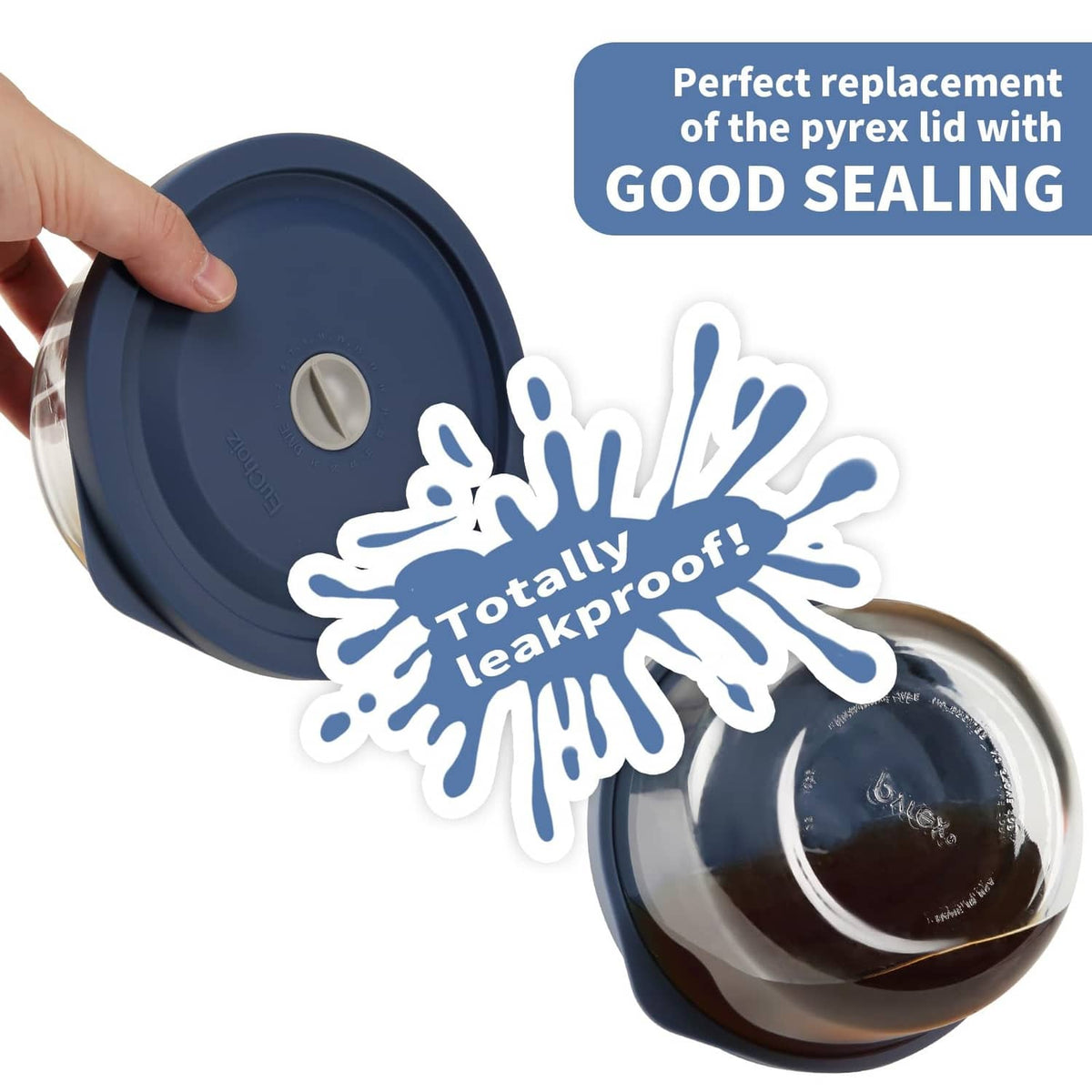 Dark blue replacement lid with central date knob, held in hand for a tight seal