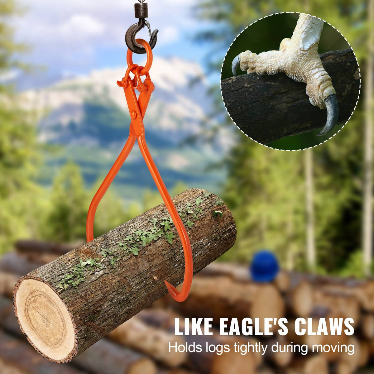 Orange 2-claw log skidding tongs gripping a log tightly during lifting