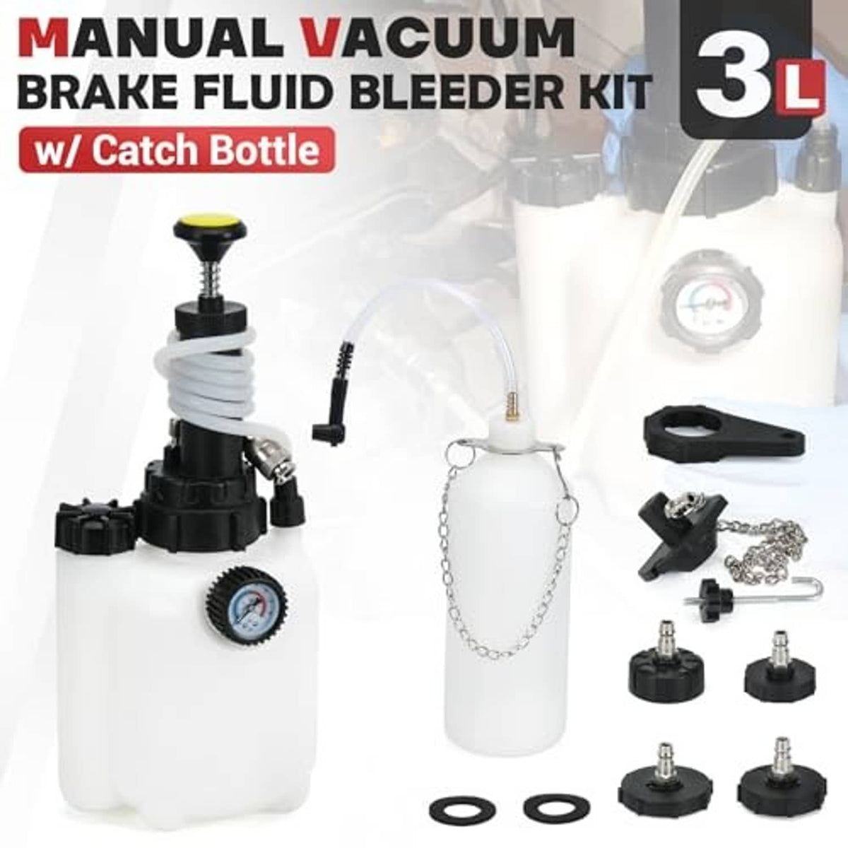Manual vacuum brake fluid bleeder kit with 3L bottle, gauge, catch bottle, and parts