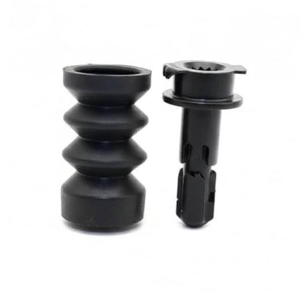Fuel tank filler door release latch with rubber grommet, black plastic parts pair.