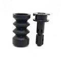 Fuel tank filler door release latch with rubber grommet, black plastic parts pair.