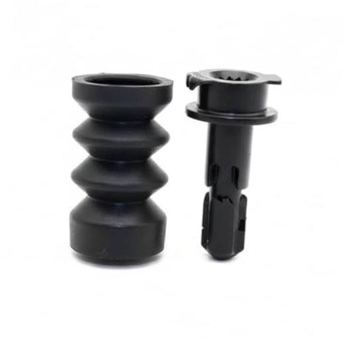 Fuel tank filler door release latch with rubber grommet, black plastic parts pair.