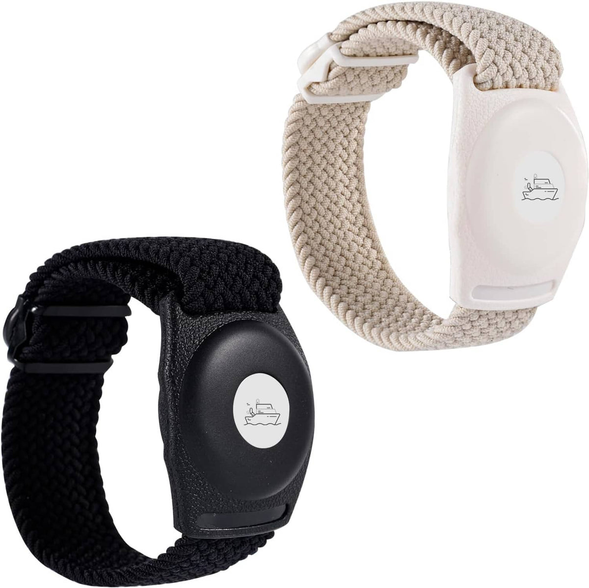 Braided cruise medallion holder bracelets, beige and black adjustable wrist straps
