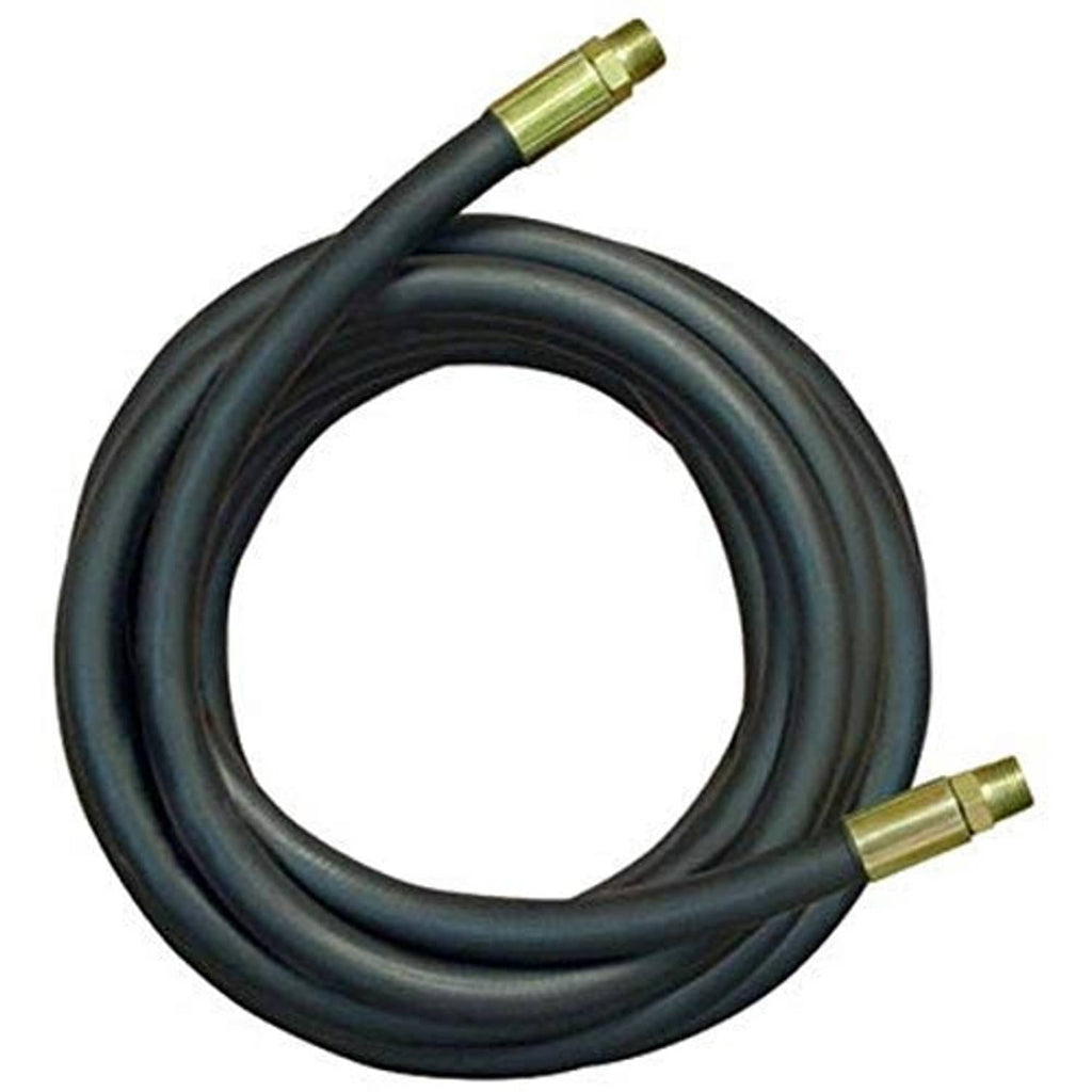 Coiled black hydraulic hose featuring two brass male connectors