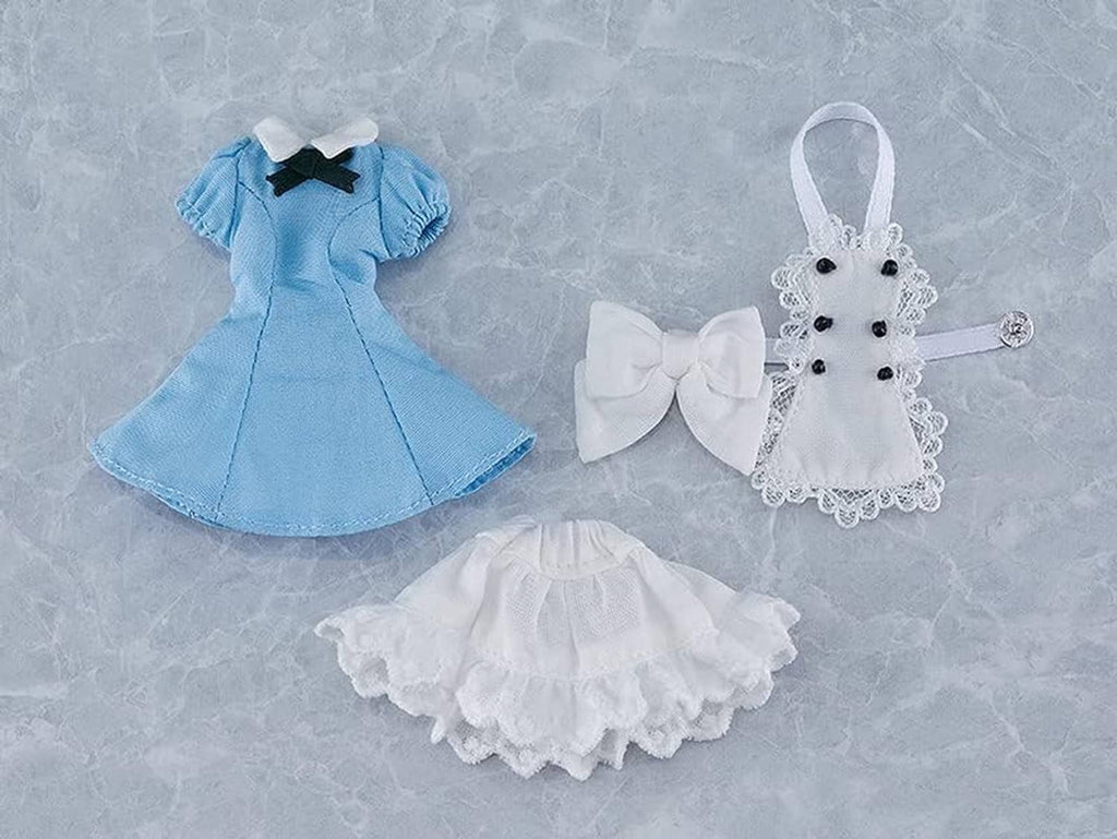 Kids blue dress with black bow, white apron bow and white lace ruffle skirt set