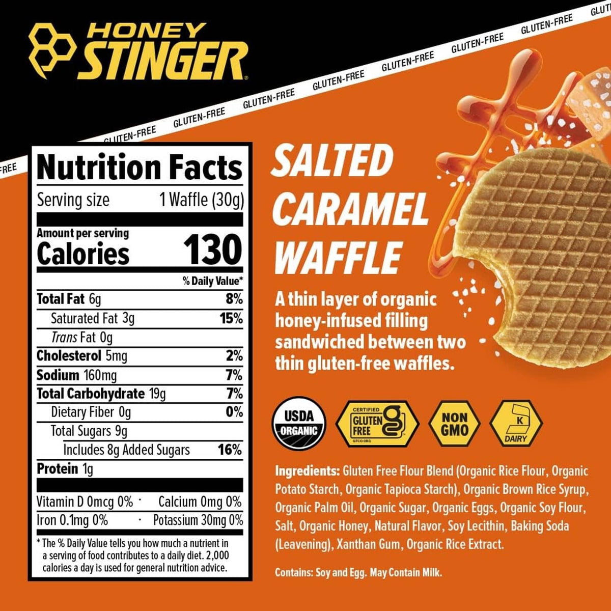 Salted caramel gluten-free energy waffle nutrition facts panel with waffle stack