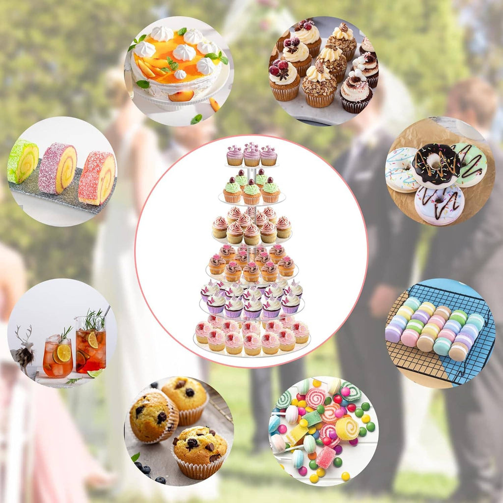 6-tier acrylic cupcake stand centered with small cupcakes on tiered platforms
