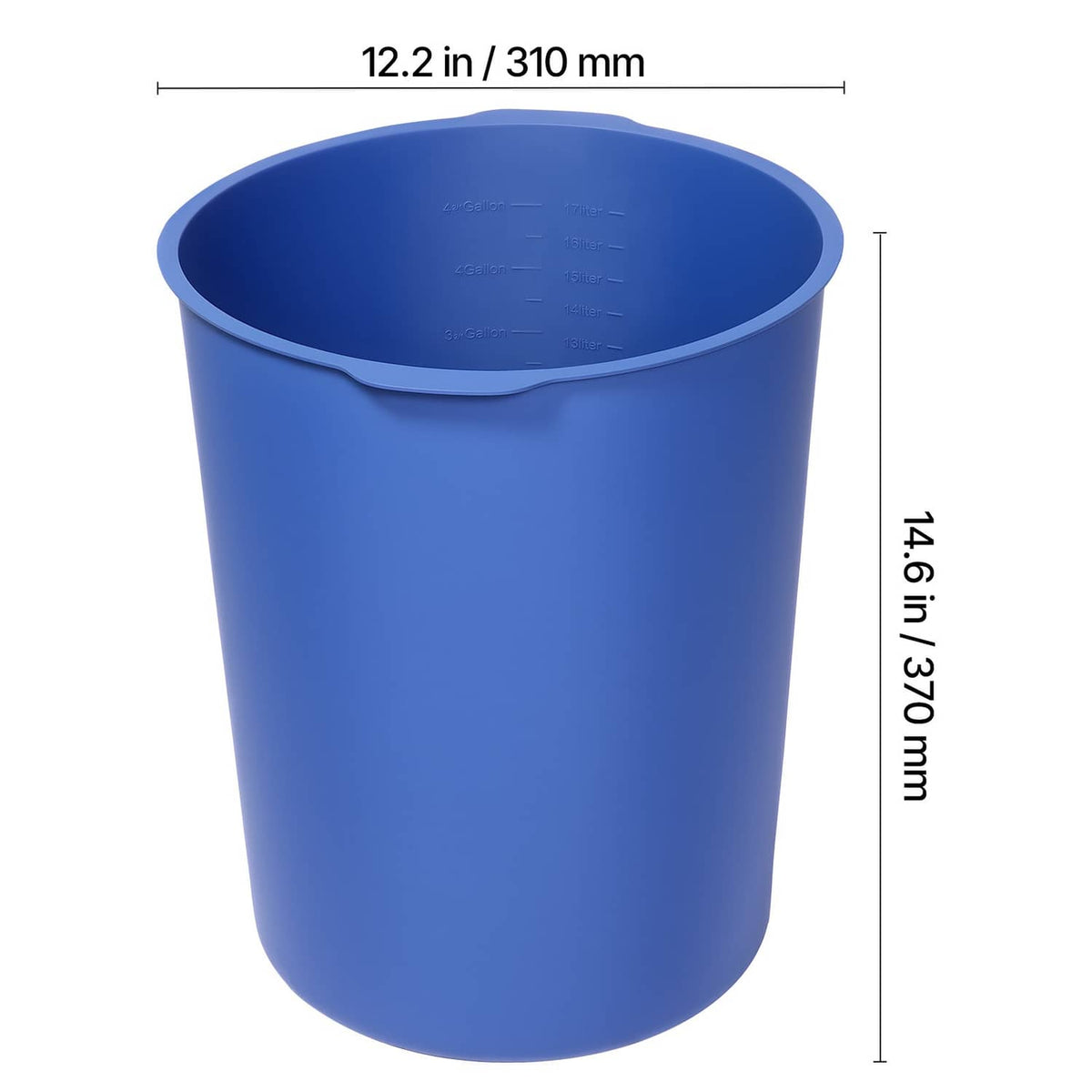Blue silicone liner height and width diagram, round bucket with flared opening